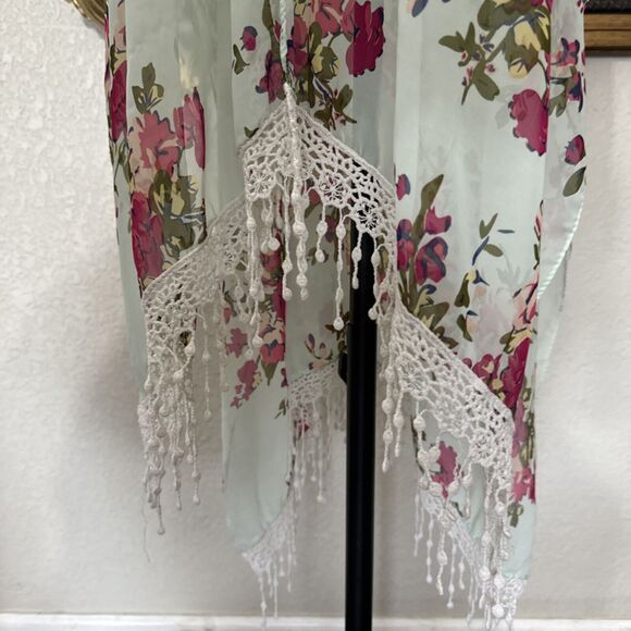 Boho Fringe Cardigan Floral Women’s Open Kimono Sheer Coverup Colorful One Size - Picture 5 of 12